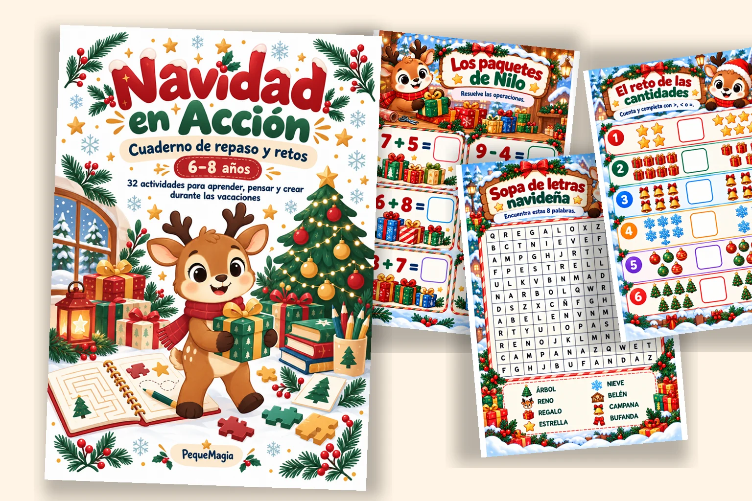 Cuaderno de Navidad para primaria con actividades de matemáticas, sopa de letras y retos para niños de 6 a 8 años