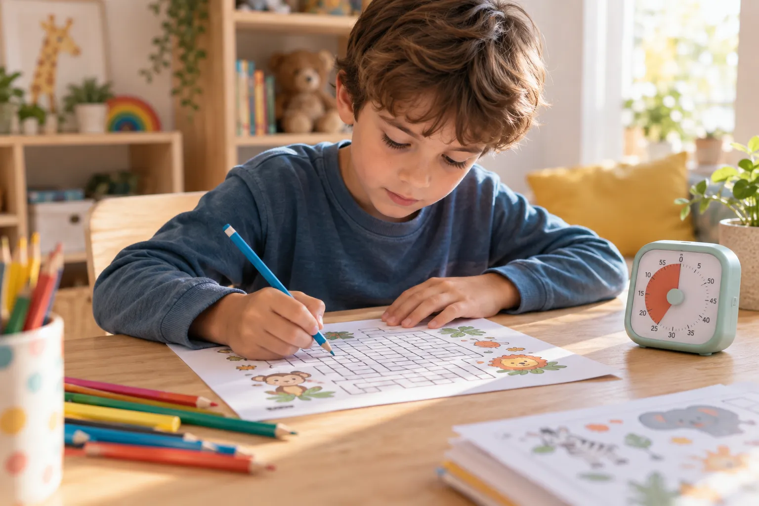 Niño realizando una ficha visual de atención en casa, con temporizador de cocina y lápices de colores sobre la mesa