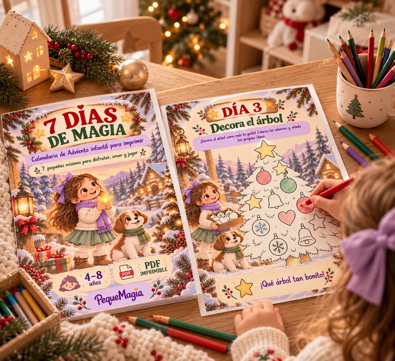 Niña coloreando el día 3 del calendario de adviento infantil para imprimir 7 Días de Magia junto a la portada del calendario