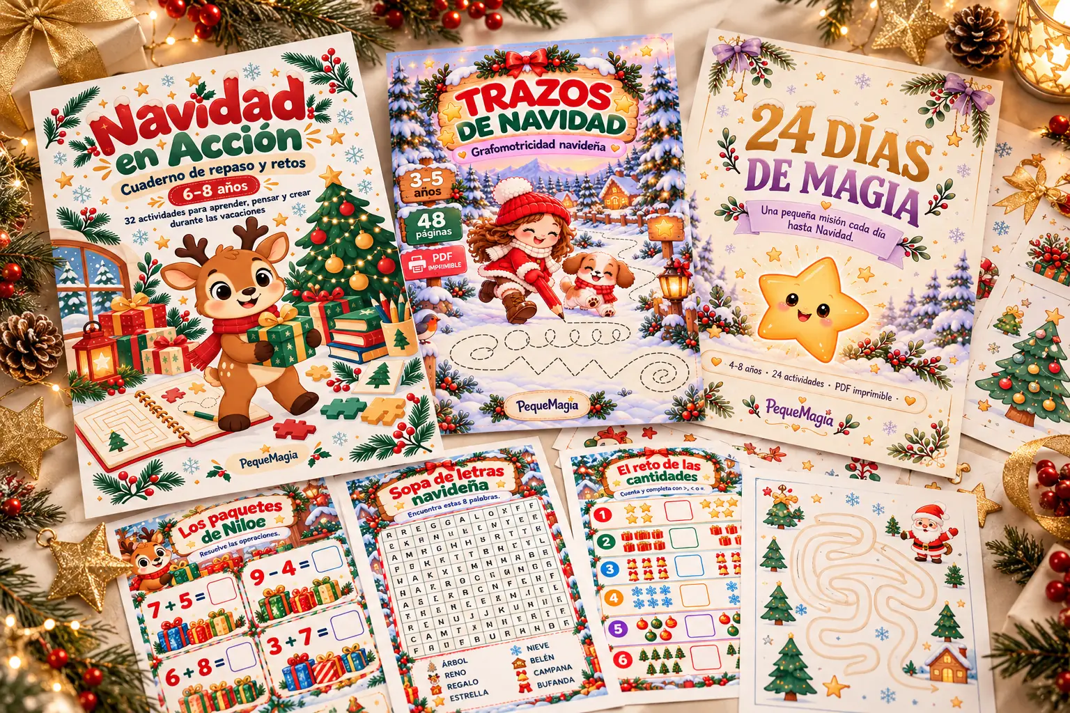 Cuadernos de Navidad para imprimir: Navidad en Acción para primaria, Trazos de Navidad y 24 Días de Magia, con sopa de letras y retos de matemáticas