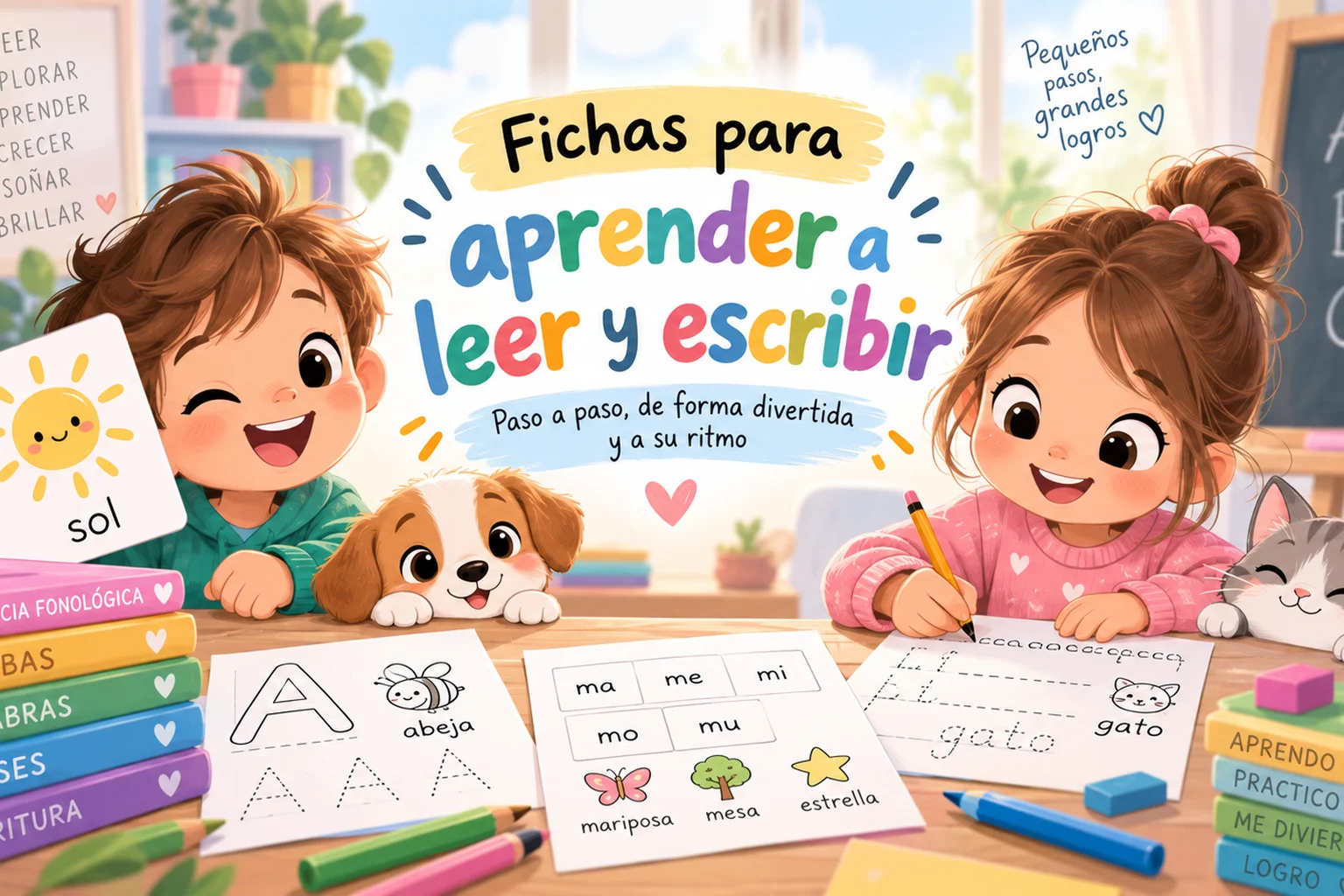 Niña pequeña practicando con fichas de lectoescritura, trazando letras y sílabas en una mesa