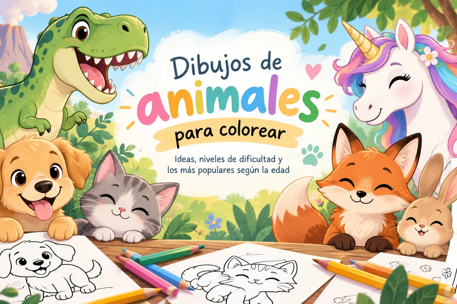Collage de dibujos de animales para colorear: dinosaurio, gatito, unicornio y conejo, en distintos niveles de detalle