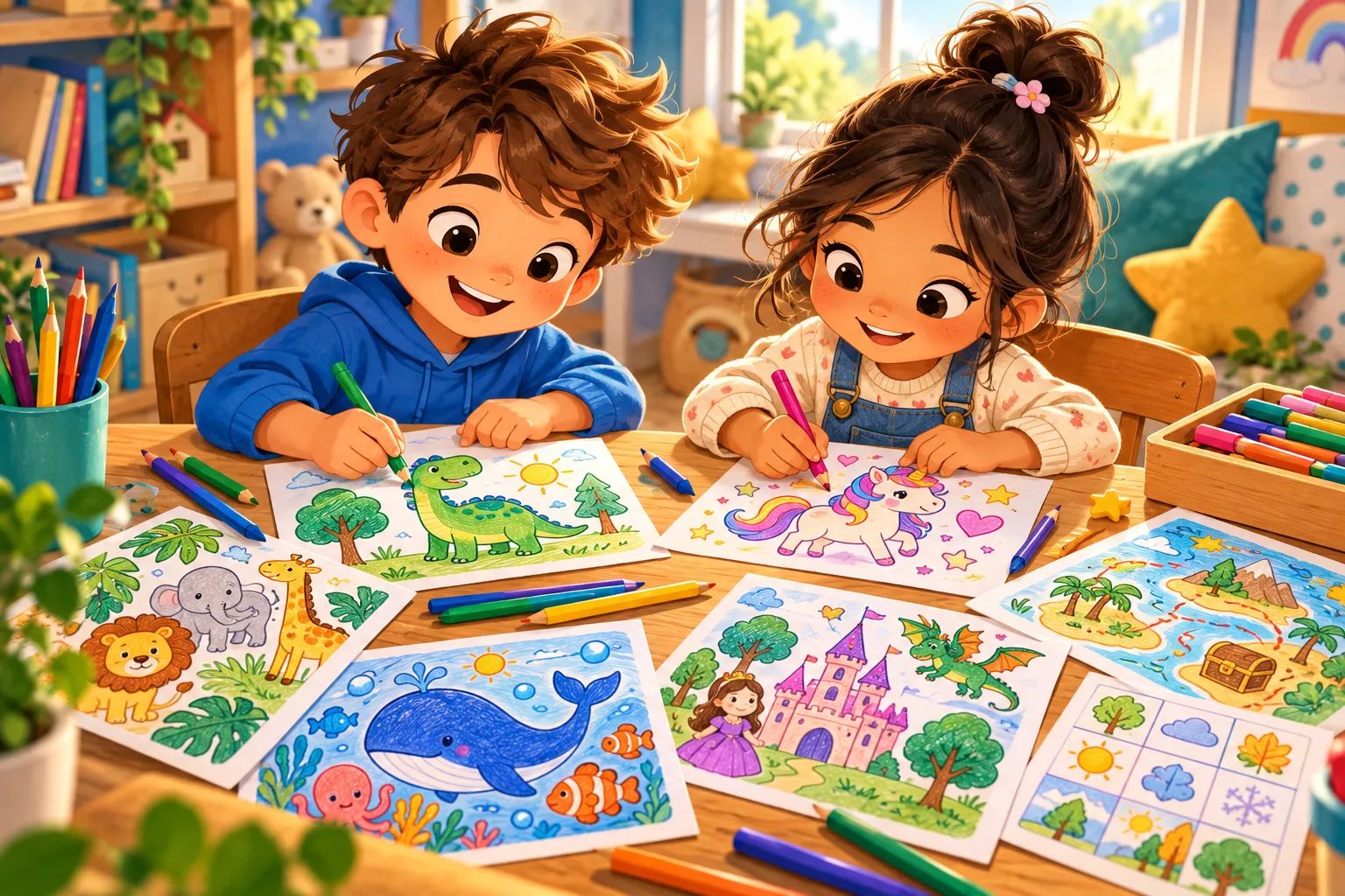 Niño y niña coloreando distintas fichas en una mesa: animales, un cuento de fantasía y un mapa, con lápices y rotuladores de colores