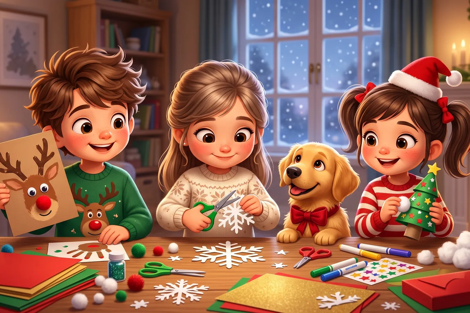 Manualidades de Navidad hechas por niños: reno de huella de mano, árbol de rollo de papel y copo de nieve de papel recortado sobre una mesa
